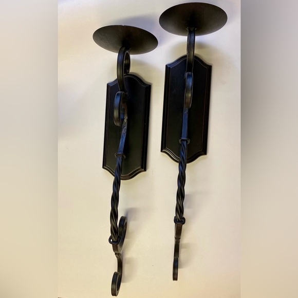 Black Metal Wood Wall Sconces Candle Set of Two Pair Wall Hanging  Spiral - Picture 2 of 12